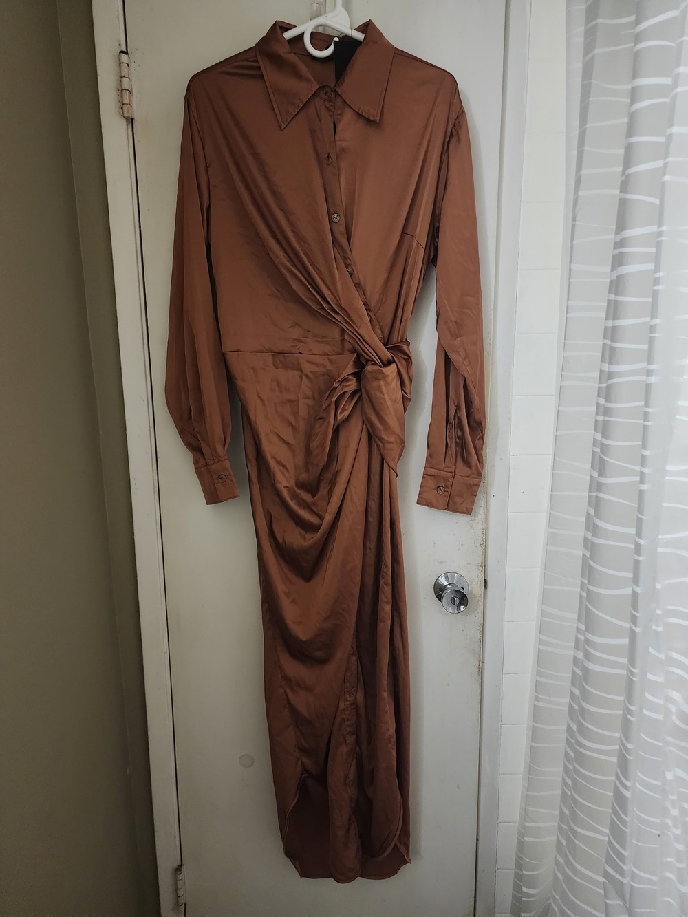 Fashion Nova Satin Twist-Waist Long Shirt Dress — Brown